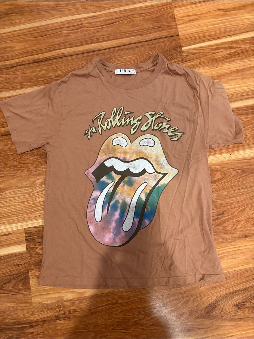 LET LUV Women’s The Rolling Stones Tie-Dye Tongue Short Sleeve Tee - Brown